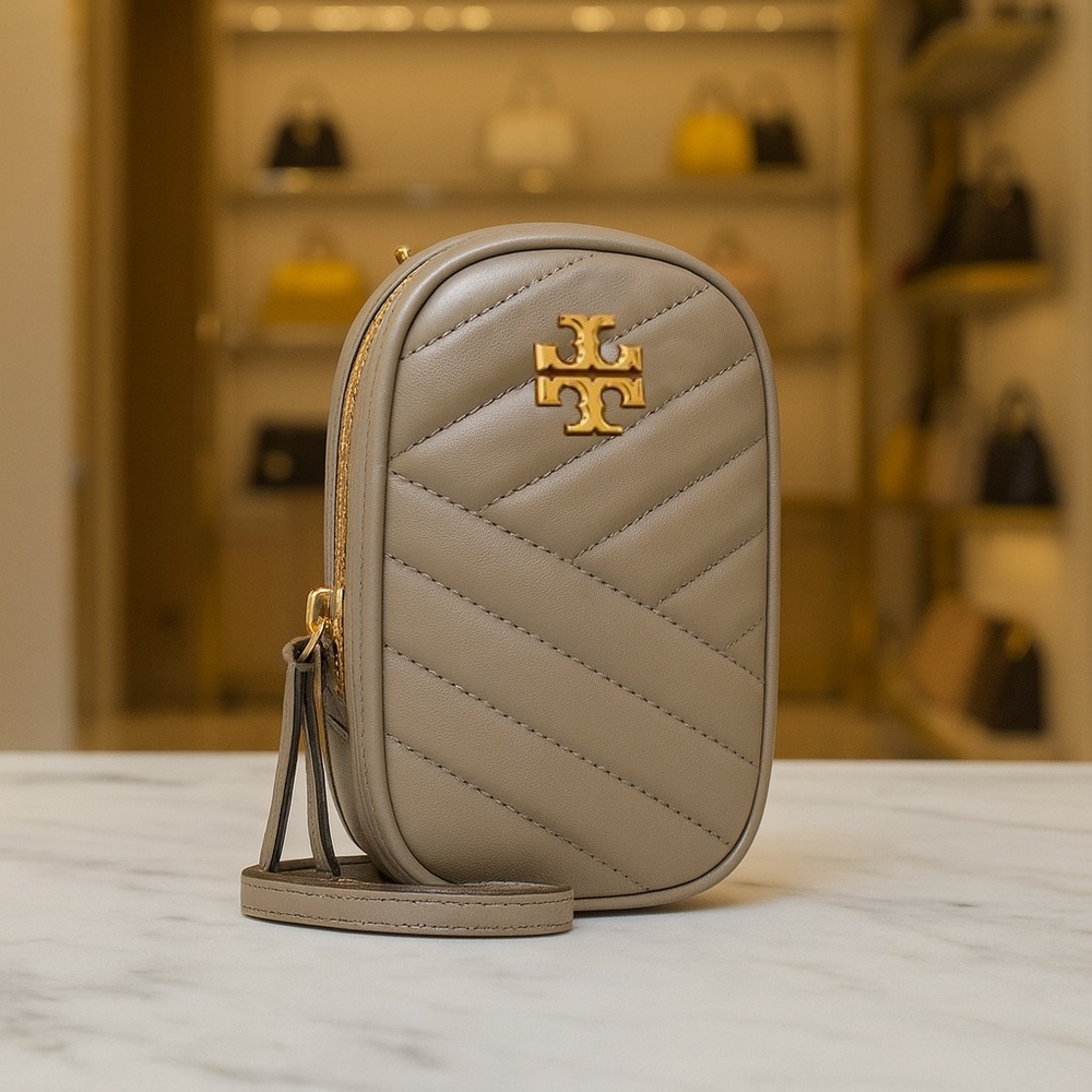 NEW Tory Burch Kira Chevron Gray Leather NS Mini Crossbody Phone Bag